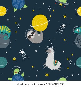 Cute cartoon print with Sloth, turtle, alpaca, chameleon in space.  Hand drawn shamless pattern with space and animals. Doodle design elements
