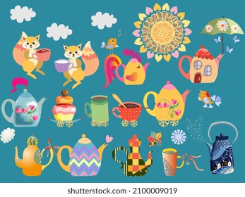 Cute cartoon print for towel, rug, fabric with collection of fabulous teapots and cups, sun, birds and funny squirrels on emerald green background.