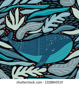 Cute cartoon print with Whale and abstract wave ornament. Hand drawn print with abstract elements . Doodle design elements
