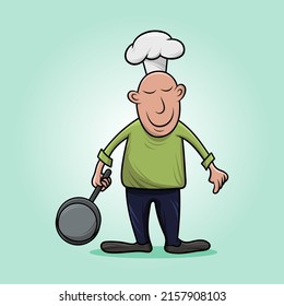 Cute cartoon professional chef smiling and holding pan. Vector illustration design.