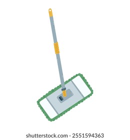 Cute cartoon professional mop with self squeezing for cleaning floor from dust and dirt. Hand drawn brush mop with fabric. Funny clipart of supply for wet cleansing of house isolated on background.