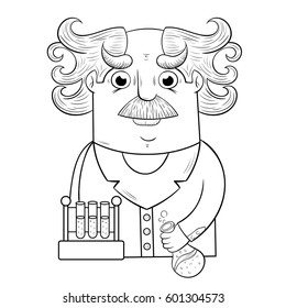 cute cartoon Professor with flasks. design of the character. white background.