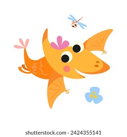 Cute cartoon pteranosaurus. Flat stylised isolated simple illustration for design on white background. Vector graphics.
