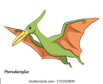 Cute cartoon pterodactylus dino character. Vector isolated dinosaur in bright colors. illustration for kids book, app, advertisement design, label or sticker.