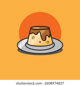 Cute Cartoon Pudding with Caramel Sauce Vector Illustration on Plate for Dessert Branding