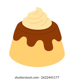 Cute cartoon pudding with chocolate glaze and whipped cream. Sweet dessert in flat vector style.