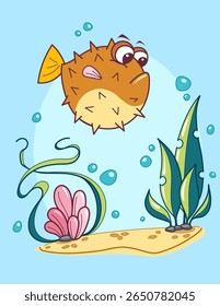 Cute Cartoon Puffer Fish Swimming in Coral Reef