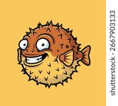 A cute cartoon pufferfish, all puffed up with its spines out. This charming but prickly sea creature makes a fun and quirky character. Vector Illustration