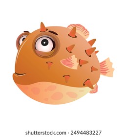 Cute cartoon pufferfish with spikes and big eyes, in shades of brown and orange