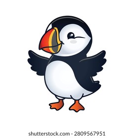 Cute cartoon puffin bird character standing with open wings and a happy smiling face vector illustration isolated on white background.
