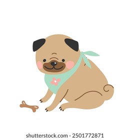 Cute cartoon pug in a bandana sits next to a bone. Vector illustration in a flat style.