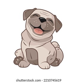 Cute cartoon pug character design. Sitting and smiling with tongue stick out, chubby puppy,  funny adorable pet, happy dog smile, pedigree dog. Illustration isolated on white background.