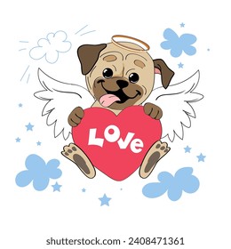 Cute cartoon pug dog angel cupid with wings and a hearts on a white isolated background. Vector illustration for Valentine's Day and birthday