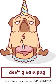 Cute cartoon pug dog with birthday cake and candle.children's Vector illustration