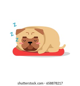 Caricatura de perro pug durmiendo en un vector de alfombra roja Ilustración