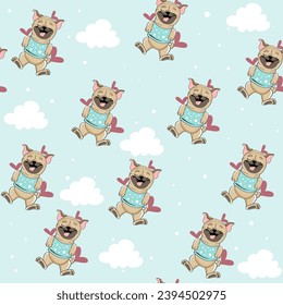 Cute cartoon pug dog, cloud and hearts on a blue seamless pattern background. Vector illustration for kids. Valentine's Day and birthday