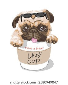 cute cartoon pug dog in coffee cup vector illustration