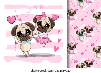 Cute cartoon Pug Dog couple, vector illustration. Can be used for kids/babies shirt design, fashion print design,t-shirt, kids wear,textile design,celebration card/ greeting card, vector