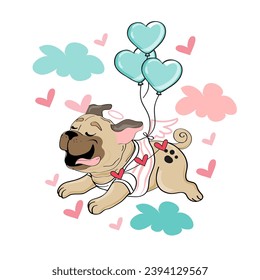 Cute cartoon pug dog flies in a hot air balloon on a white isolated background. Vector illustration for Valentine's Day and birthday