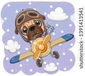 Cute Cartoon Pug dog is flying on a plane