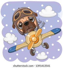 Cute Cartoon Pug dog is flying on a plane