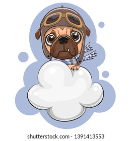 Cute Cartoon Pug dog is flying on a cloud