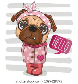 Cute Cartoon Pug Dog girl in a coat and boots