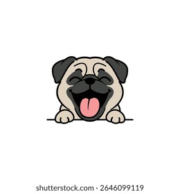Cute cartoon pug dog with a happy face, eyes closed, mouth open and tongue out, vector illustration