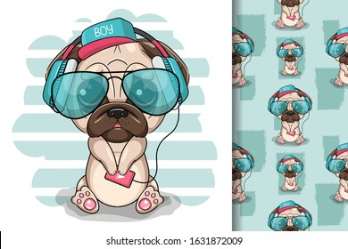 Cute cartoon Pug Dog with headphones on a white background. Can be used for kids/babies shirt design, fashion print design,t-shirt, kids wear,textile design,celebration card/ greeting card, vector