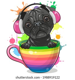 Cute Cartoon Pug Hund mit Kopfhörern sitzt in einem Cup 