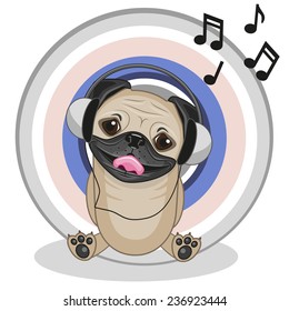 Cute cartoon Pug Dog with headphones 