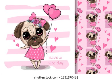 Cute cartoon Pug Dog with heart balloons. Can be used for kids/babies shirt design, fashion print design,t-shirt, kids wear,textile design,celebration card/ greeting card, vector