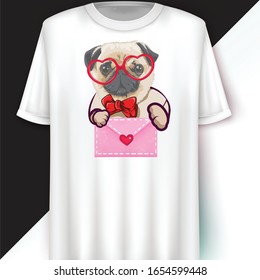 Cute cartoon Pug Dog heart shape glass with love letter.Vector illustration.Can be used for kids/babies Shirt design, fashion print design,T-shirt, Kids wear.