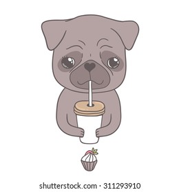 Cute cartoon pug dog holding paper coffee cup. Food and Drink illustration. Adorable animal image. Funny vector card