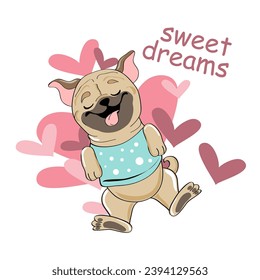 Cute cartoon pug dog lies on hearts and the inscription of sweet dreams on a white isolated background. Vector illustration for Valentine's Day and birthday