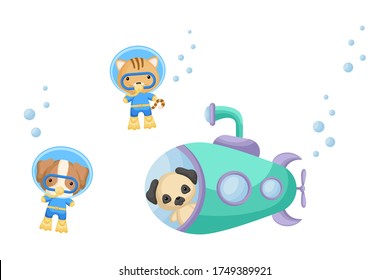 Cute cartoon pug dog looks out of submarine window and cute dog, cat in diving suit swim underwater. Design of t-shirt, album, card, invitation. Flat vector illustration isolated on white background.