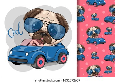 cute cartoon pug dog on the car. Can be used for kids/babies shirt design, fashion print design,t-shirt, kids wear,textile design,celebration card/ greeting card, vector