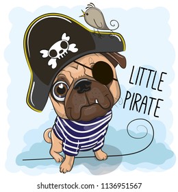 Cute cartoon Pug Dog in a pirate hat