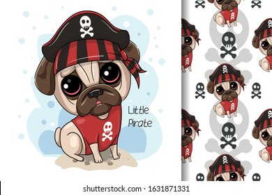 Cute cartoon Pug Dog pirate. vector print. Can be used for kids/babies shirt design, fashion print design,t-shirt, kids wear,textile design,celebration card/ greeting card, vector