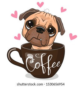 Cute Cartoon Pug Dog is sitting in a Cup of coffee