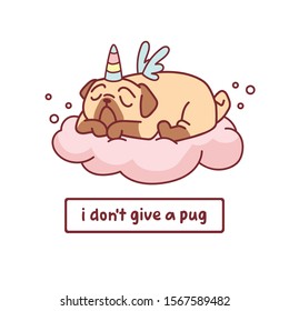  cute cartoon pug dog with unicorn horn sleeping on a cloud