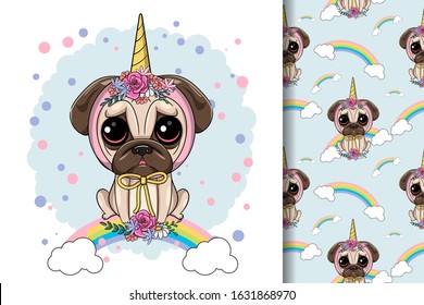 cute cartoon pug dog with unicorn custom. Can be used for kids/babies shirt design, fashion print design,t-shirt, kids wear,textile design,celebration card/ greeting card, vector