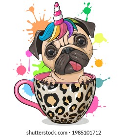 Cute Cartoon Pug dog with Unicorn horn is sitting in a Cup 