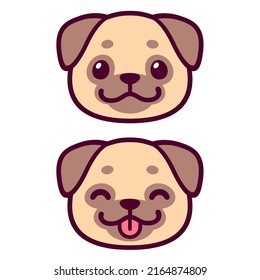 Dibujo de la cara de la tira cómica. Retrato de perro de Kawaii sonriendo con lengua afuera. Ilustración de imagen de clip vectorial.