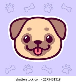 Cute Cartoon Pug Gesicht Zeichnung auf violettem Hintergrund mit Pfoten und Knochenmuster. Kawaii Hund Porträt lächeln mit Zunge aus. Vektorclip-Kunstillustration.