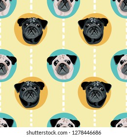Cute cartoon pug faces in large polka dot seamless pattern, Turquoise and yellow vector design, great for textiles, gift wrapping paper, dog supplies, groomers, dog walkers all all pug lovers!