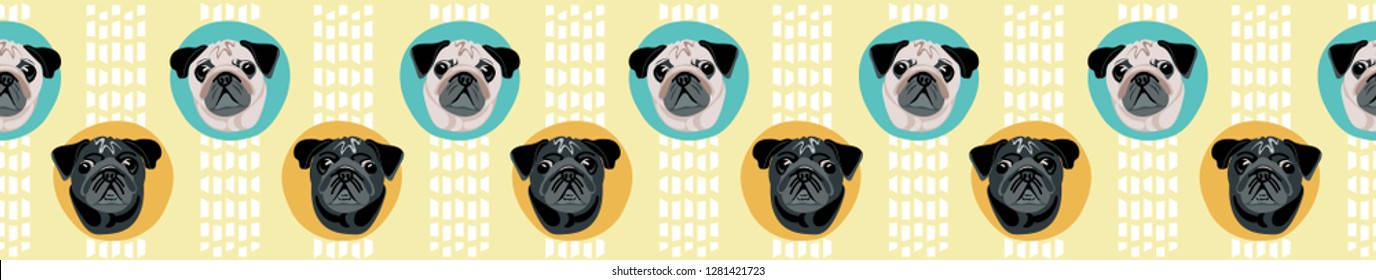 Cute cartoon pug faces in polka dot seamless border, Turquoise and yellow vector design great for tea towels, washi tape, ribbon, fabric edging dog supplies, groomers, dog walkers all all pug lovers!
