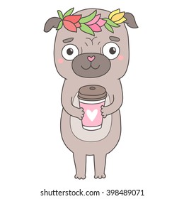 Cute cartoon pug holding paper paper cup. Funny animal character for cafe design or coffee to go.