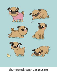 Cute cartoon pug set. Cheerful funny dog. Picture for the veterinarian. Vector illustration. Clothing for puppies