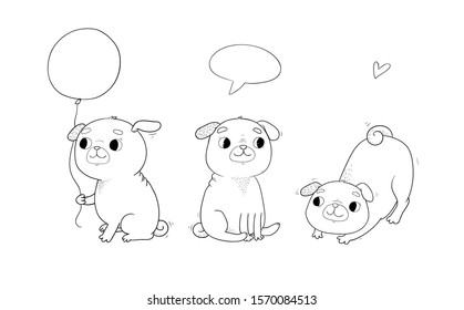 Cute cartoon pug set. Cheerful funny dog picture for the veterinarian. Vector illustration.